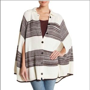 Anthropologie Cream and Brown Striped Button-Front Poncho